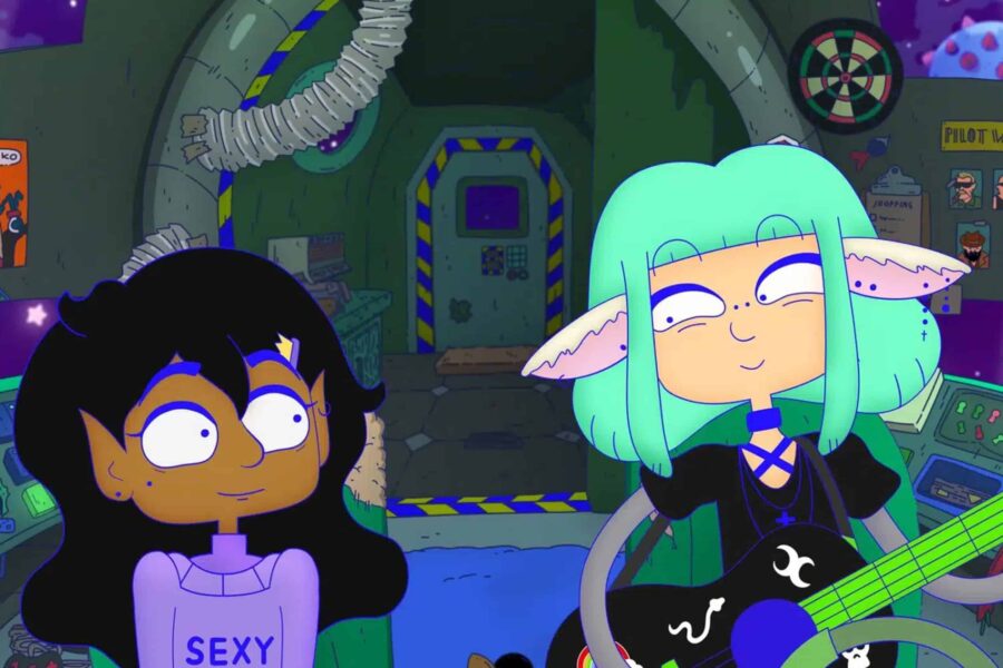 An image from the movie Lesbian Space Princess, image features two drawn characters in a spaceship- the character on the left has black hair and is drawn with wide eyes looking at the character on the right, who has mint green hair with a fringe, holding a guitar.