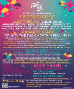 Pride Day Poster lots of names of acts are listed and the background is ombre pink and teal 