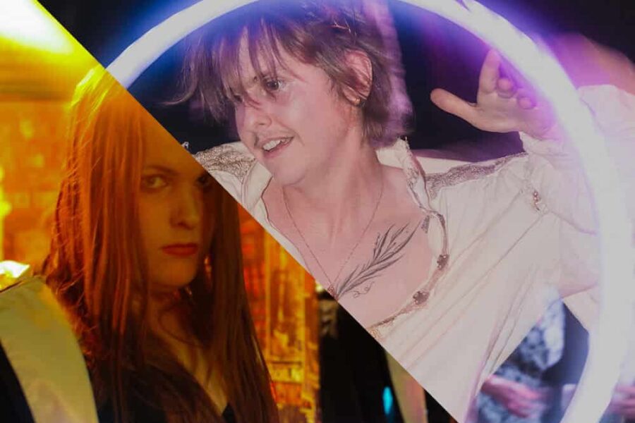 Two images split from the top left corner to the bottom right corner of the screen. The image on the left of the screen is a person with long red hair, backlit with yellow. The person on the right of the screen is holding a hoop that glowing, they are wearing a white long sleeve shirt and looking off the the left.