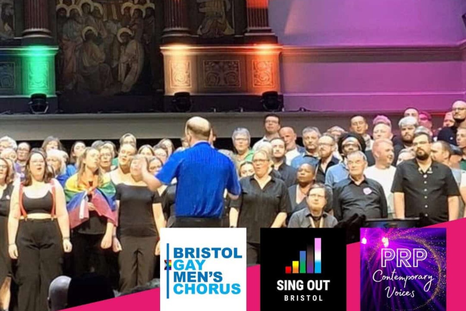 A photo of a choir, a conductor in a blue shirt is facing outwards towards them. In the bottom left there are three logos for 