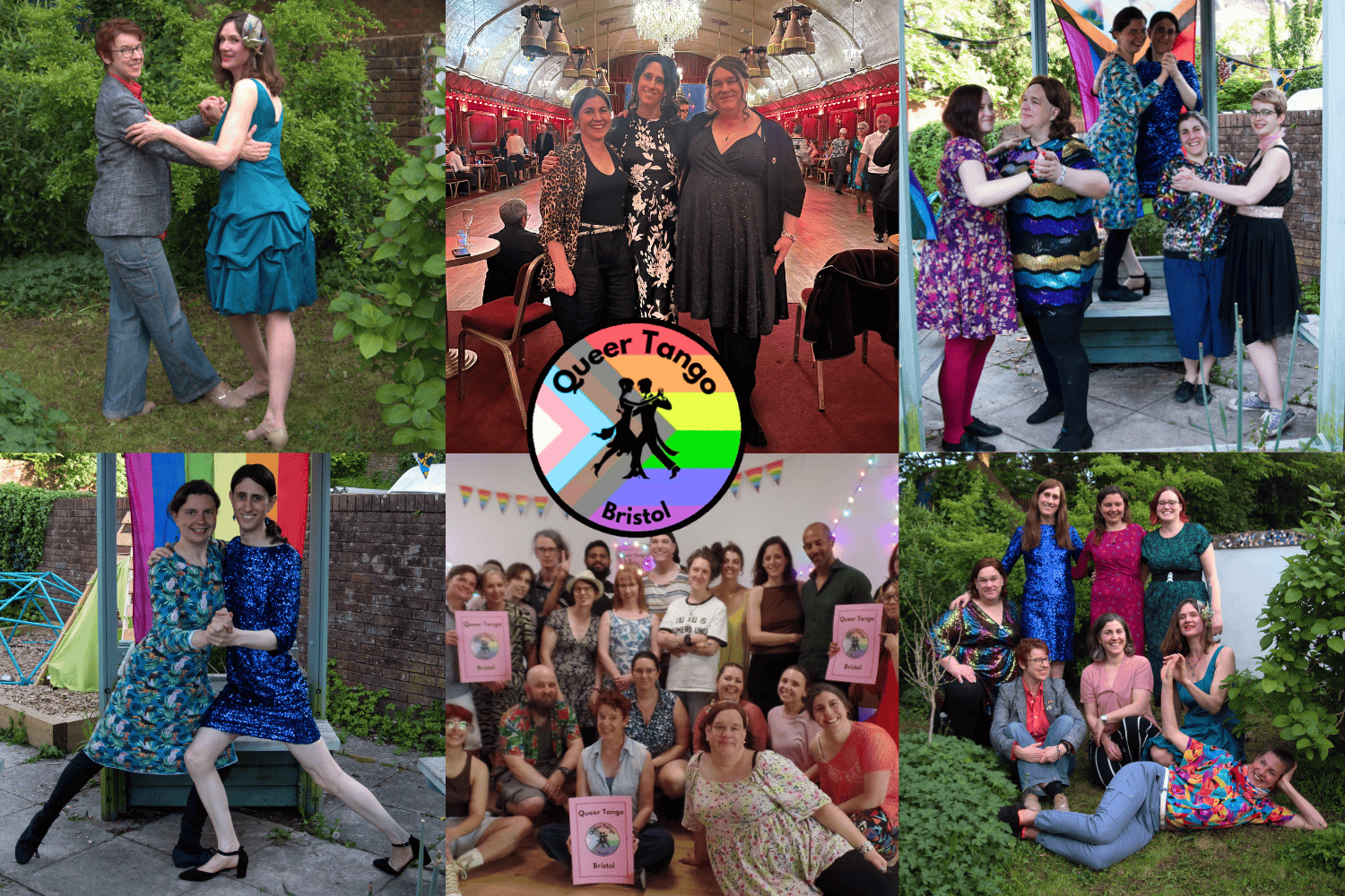 A collage of six pictures with a logo in the middle- the logo is the pride flag with a silhouette of two people dacing on it. In the six collage photos there are various couples and groups of people dressed in nice clothing, posed to dance, and smiling at the camera.
