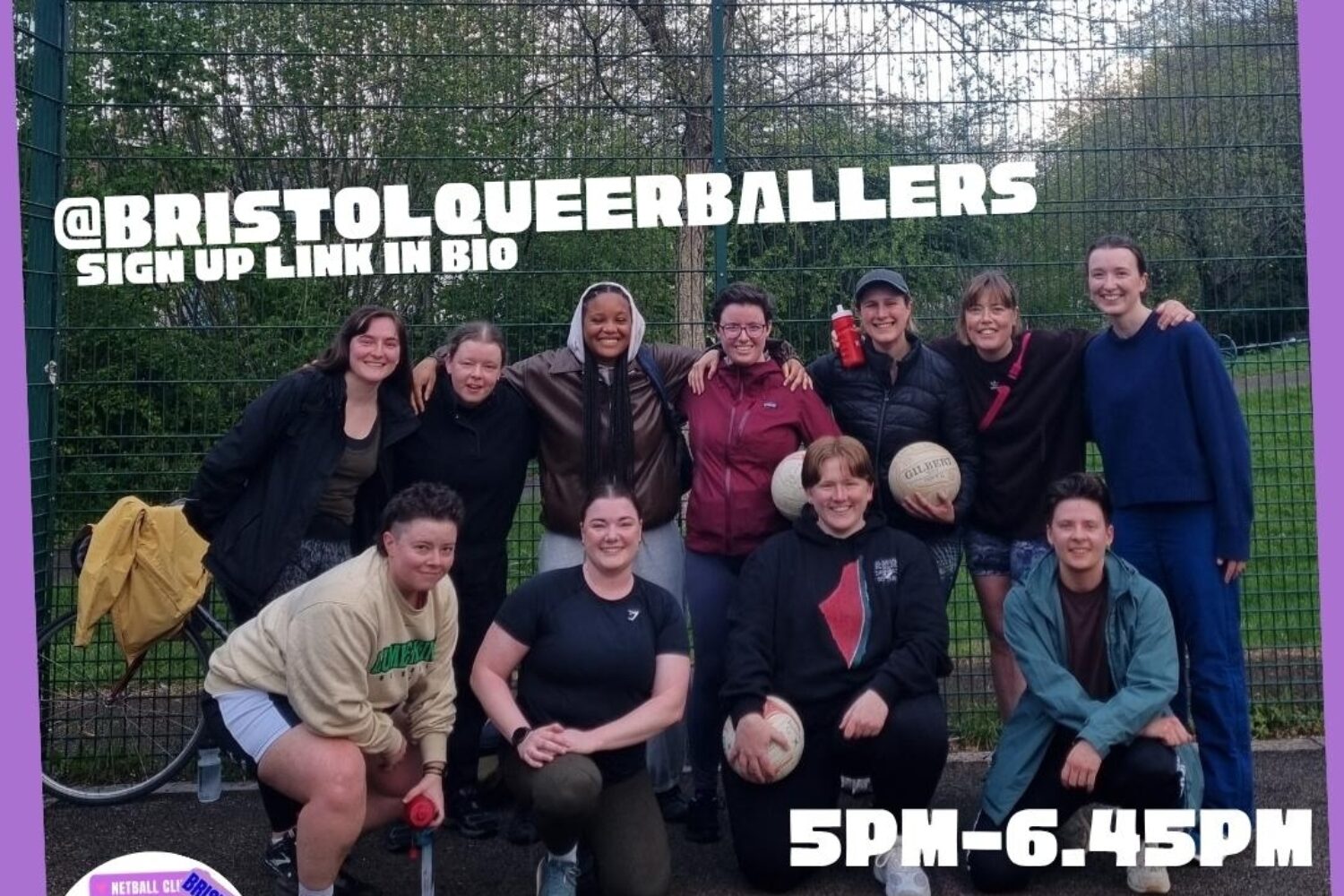 A poster showcasing details for the queerballers pride event. The picture shows a group of people lined up and smiling at the camera.
