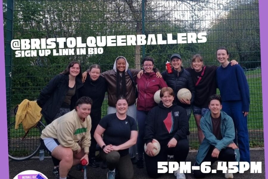 A poster showcasing details for the queerballers pride event. The picture shows a group of people lined up and smiling at the camera.