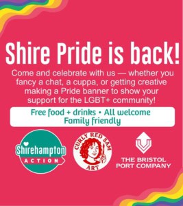 Red background with wiggly rainbows in the top right and bottom left corners. Main text reads Shire Pride is back Free Food, Drinks and all welcome, family friendly. with copy from the main event listing