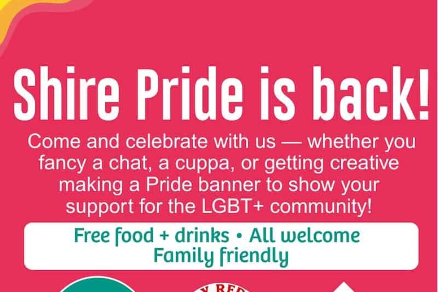 Red background with wiggly rainbows in the top right and bottom left corners. Main text reads Shire Pride is back Free Food, Drinks and all welcome, family friendly. with copy from the main event listing