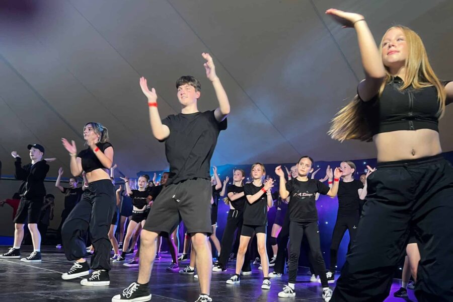 A group of people, lined up on stage, mid-dance. They are wearing all black outfits, there is haze and blue lights shining through the fog.