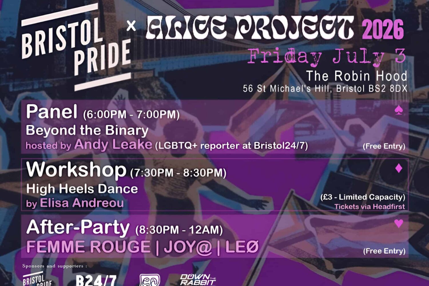 A flyers for the event with the Bristol Pride and Alice Project Logos. Text outlines the details of the event as per the listing.