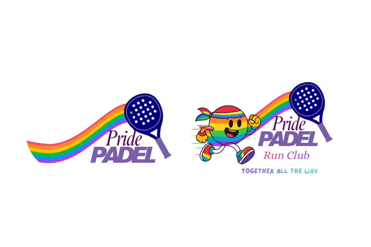 The Pride Padel logo which is a padel pad with a rainbow flowing from it, along with a logo fro the Pride Padel run club which is the same logo with a rainbow padel ball running after it