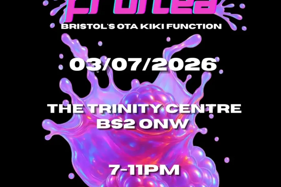 The Fruitea poster. It's black with purple coloured fruit dropping with a splatter behind them. Text Reads Fruitea 03/07/26 The Trinity Centre 7-11pm