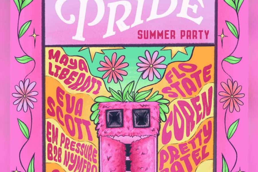 The poster for the event it's pink with leaves and petals on it. It says No More All Male Line Ups Pride Summer party