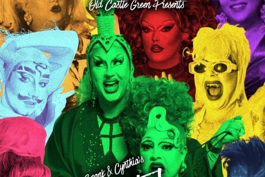 an image of lots of drag queens each overlayed with a colour of the Pride rainbow flag. Text reads Spank and Cynthias Bristol Pride Dragathon.