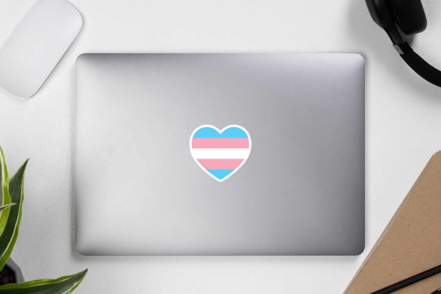 A silver laptop with a sticker of a heart in the middle of the laptop in the trans flag colour stripes, blue, white and pink.