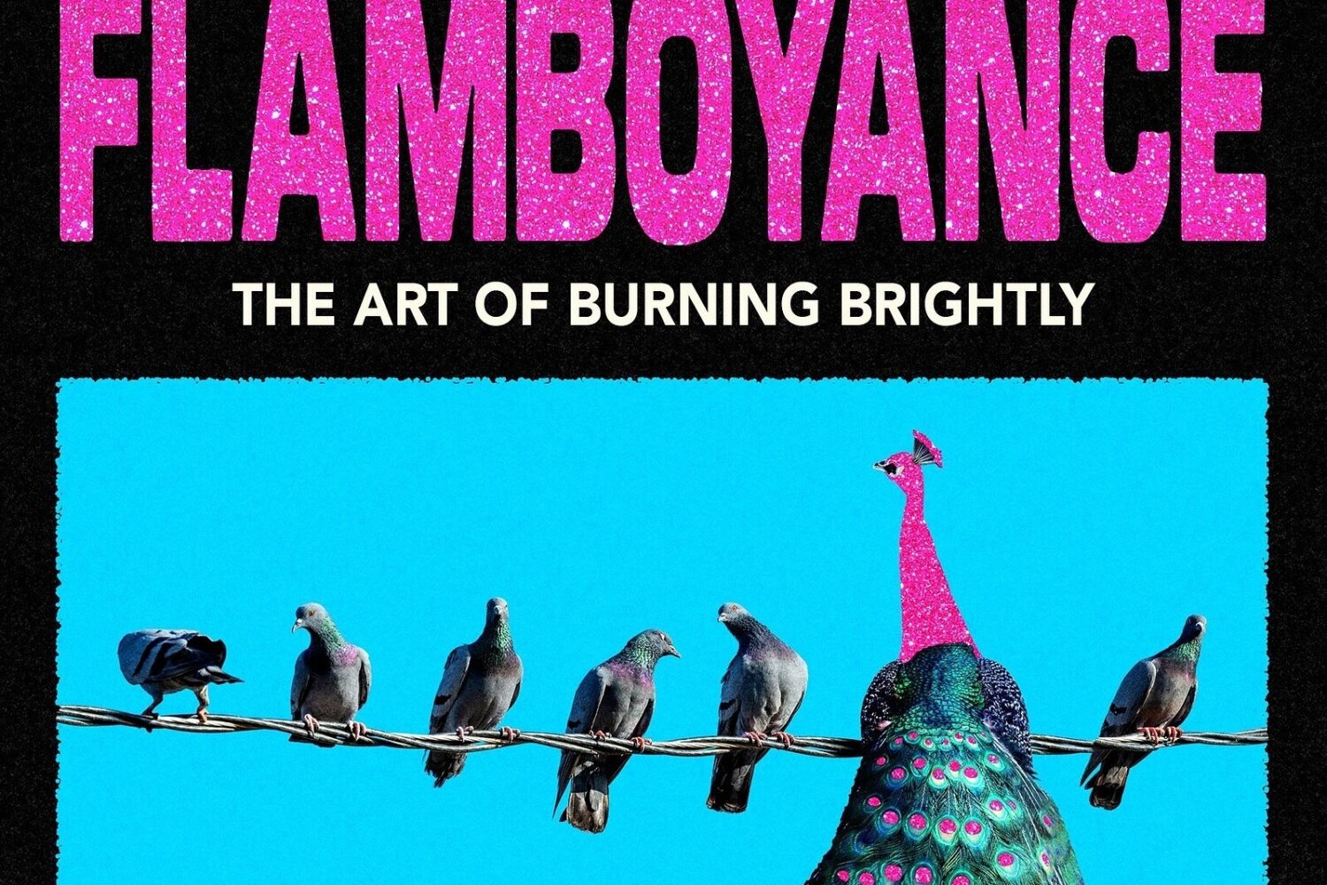 The book cover for flamboyance. A blue background with an illustration of birds lined up on a wire, one of them is a huge peacock with muchmore fabulous feathers than the others.
